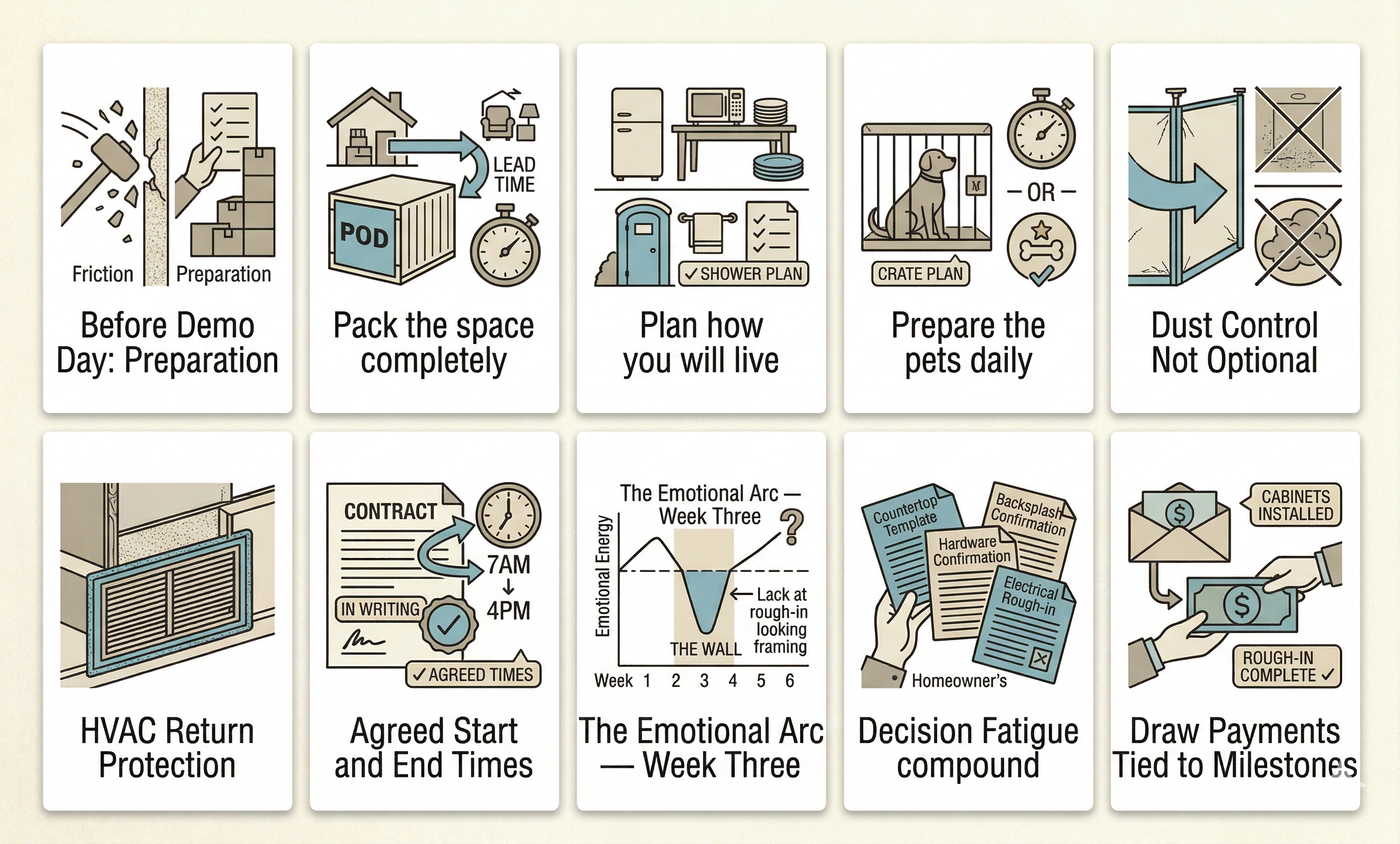 10 concepts this guide covers — from before demo day to the emotional arc of week three.