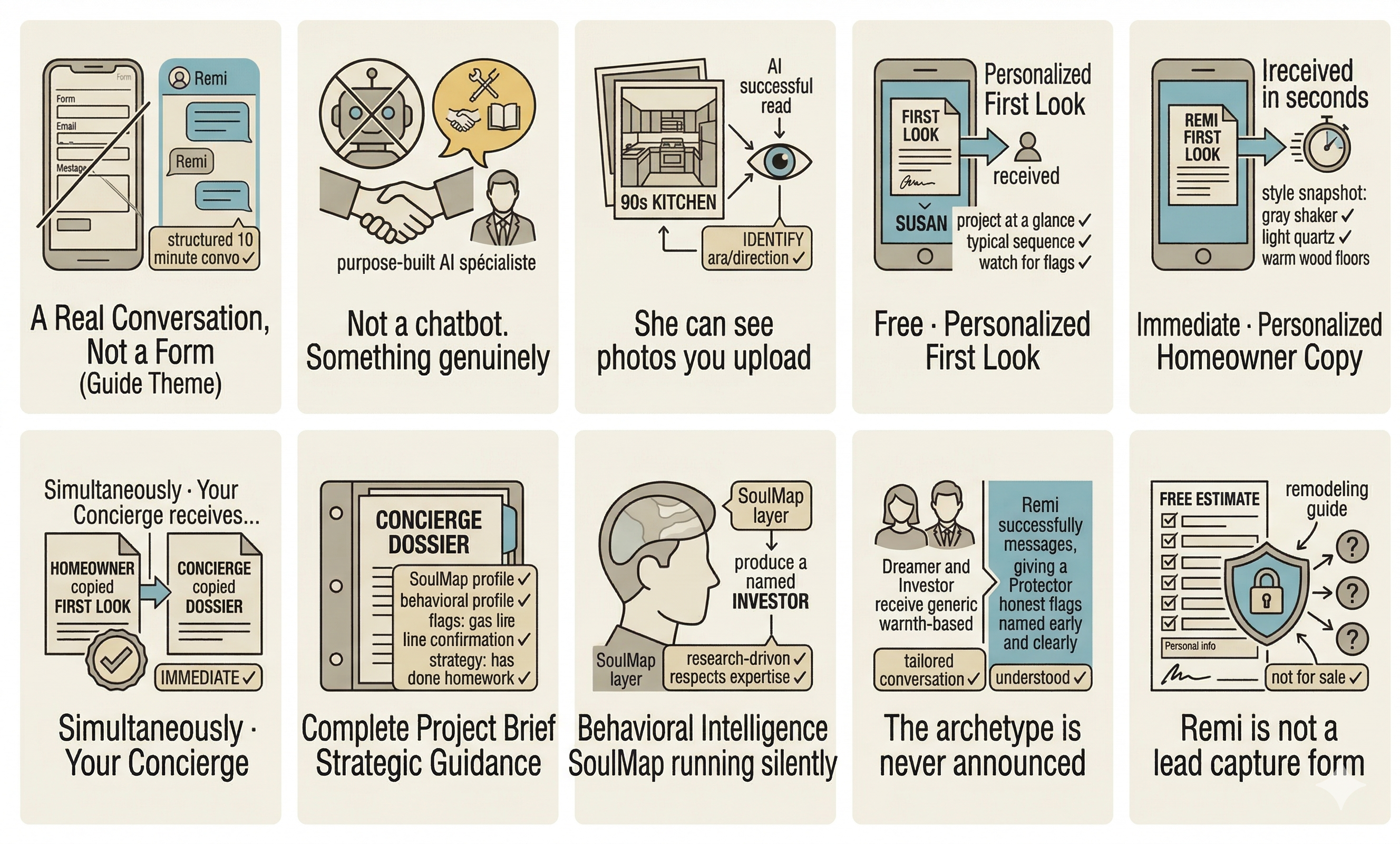 10 things that make Remi different — from behavioral intelligence to what happens the moment the conversation ends.