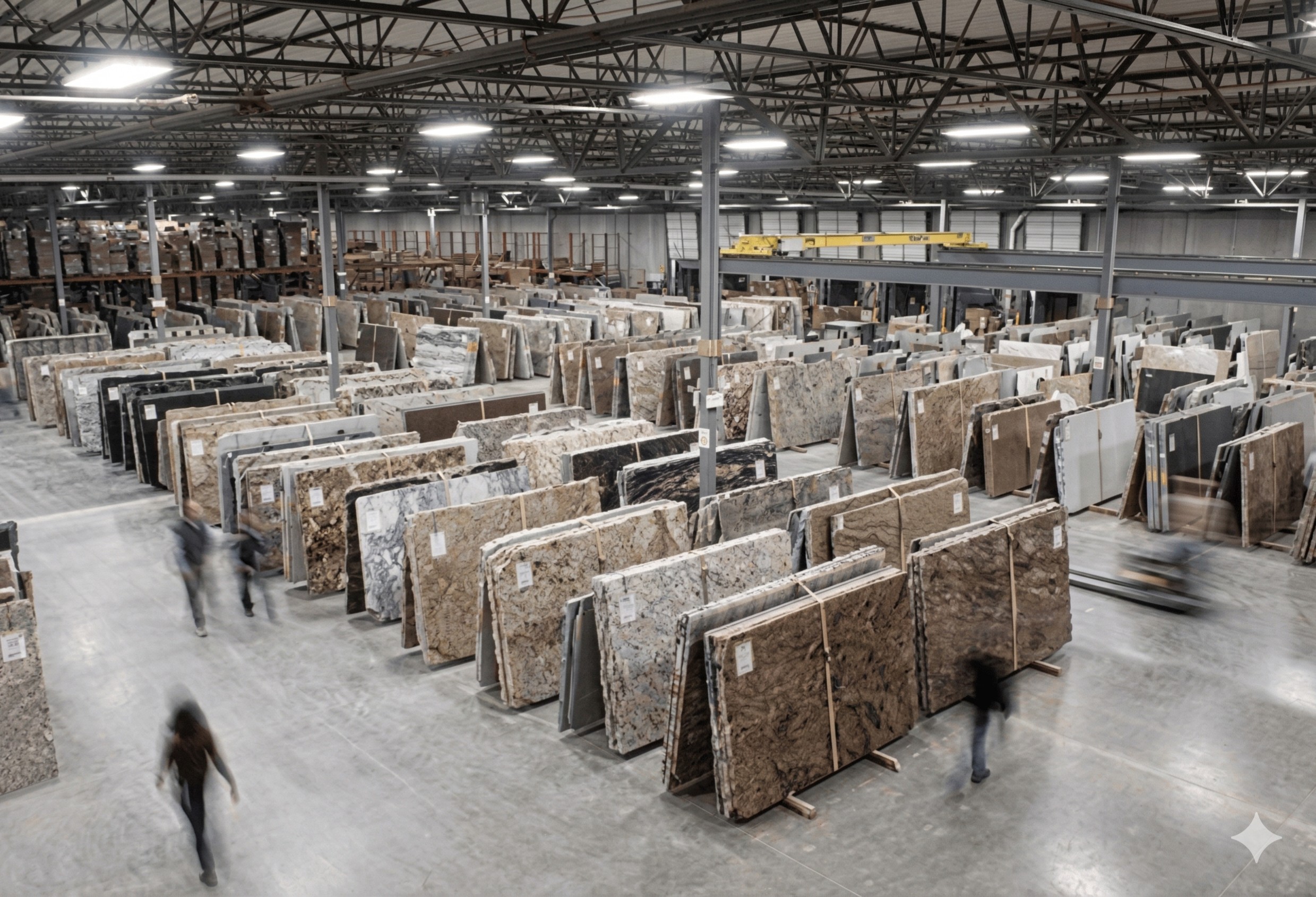 Full slabs standing upright at a stone yard